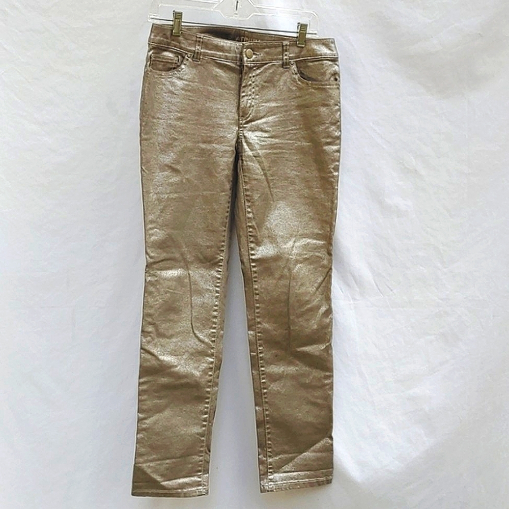 Chico's metallic Platinum jeans, bronze, sz 0